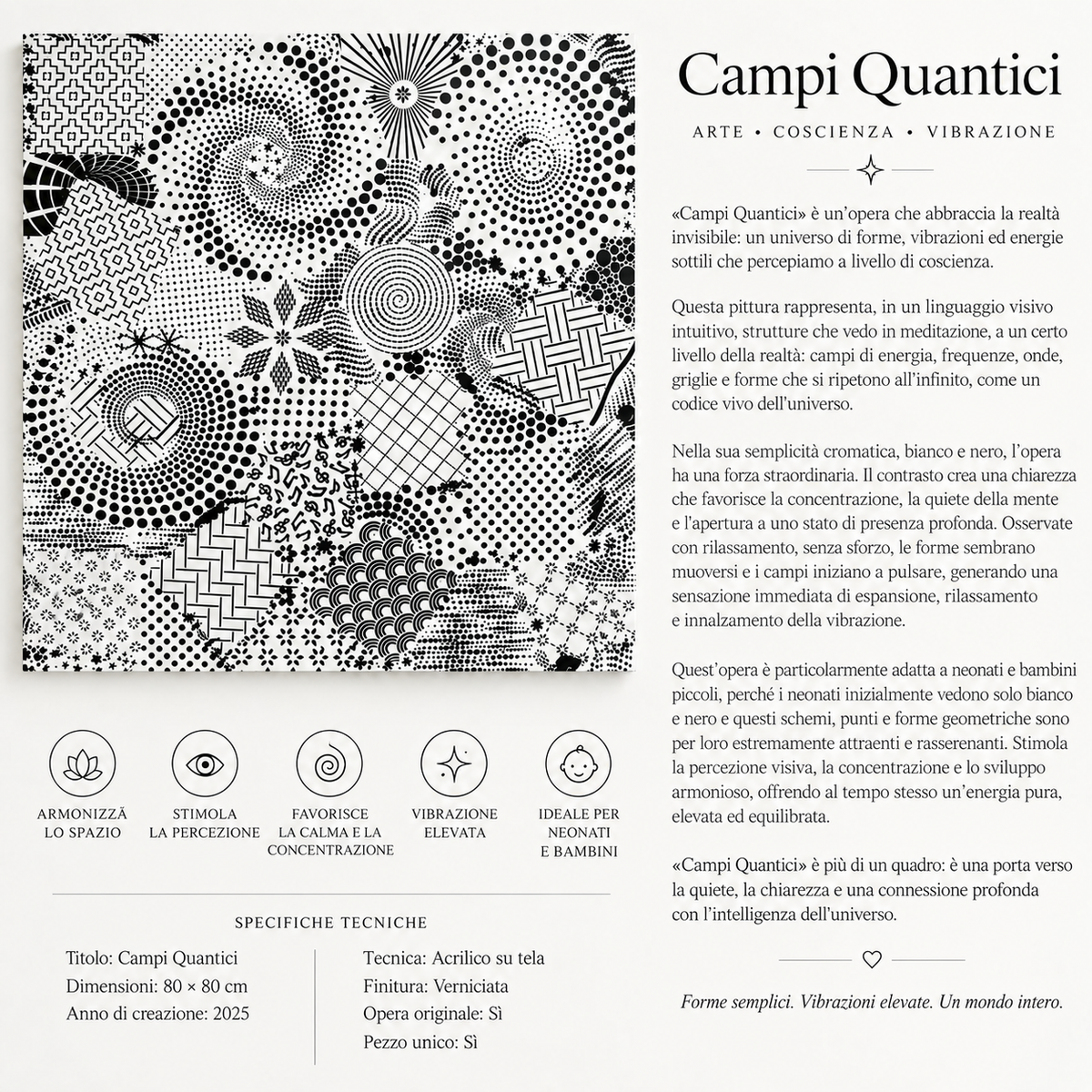 Campi Quantici – Opera acrilica originale in bianco e nero, 80 × 80 cm