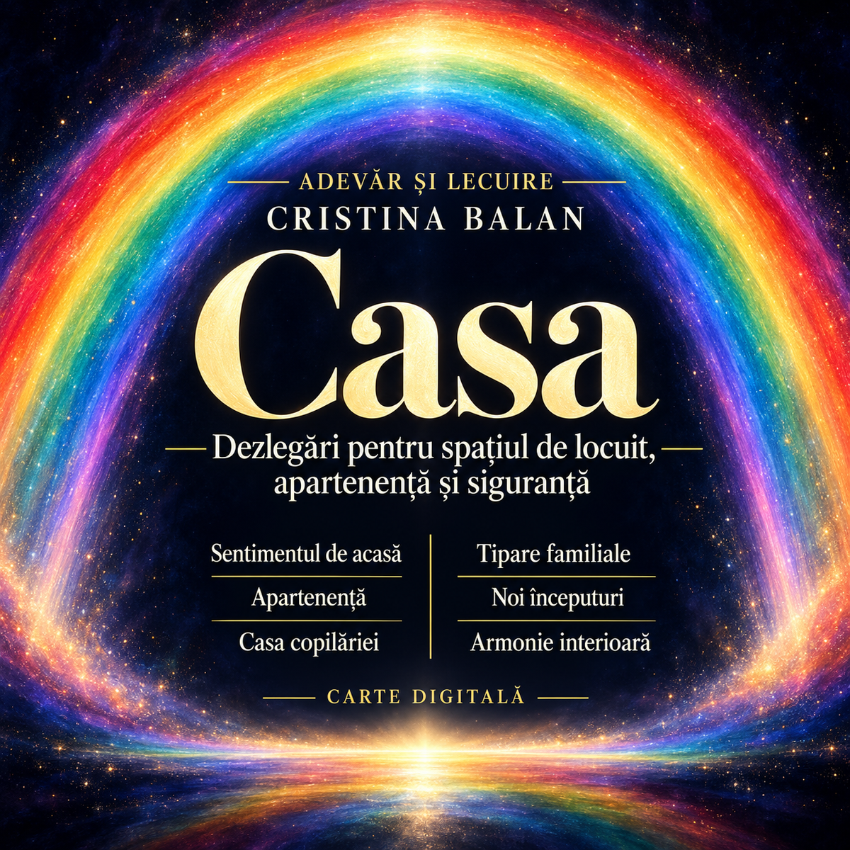 Casa — Dezlegări pentru spațiul de locuit, apartenență și siguranță. Curcubeu luminos pe fundal de vid cosmic, Cristina Balan, Adevăr și Lecuire.