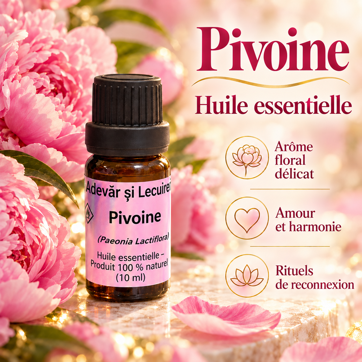 Huile essentielle de pivoine – arôme floral délicat, amour et harmonie