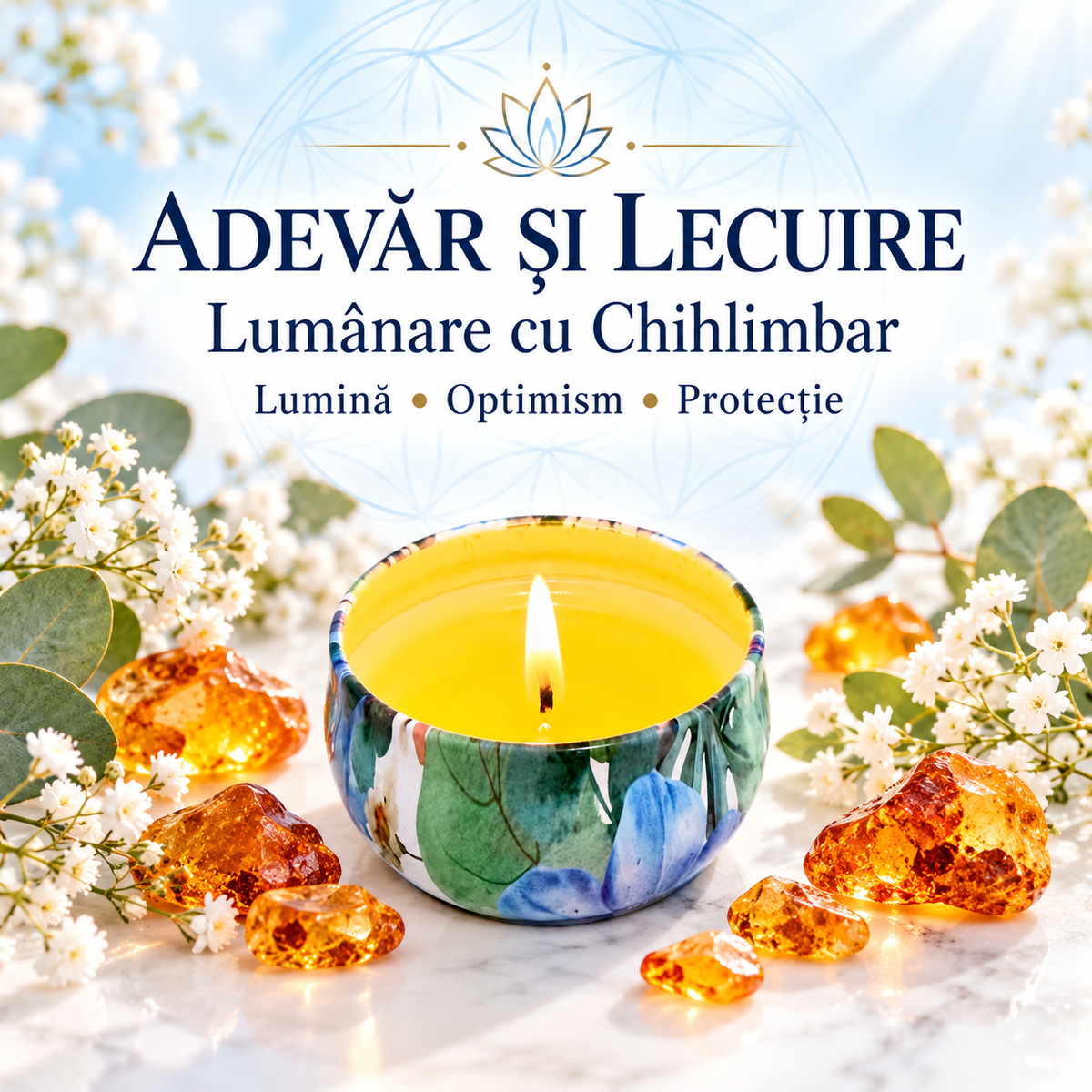 Lumânare cu Chihlimbar – Lumină • Optimism • Protecție – Adevăr și Lecuire