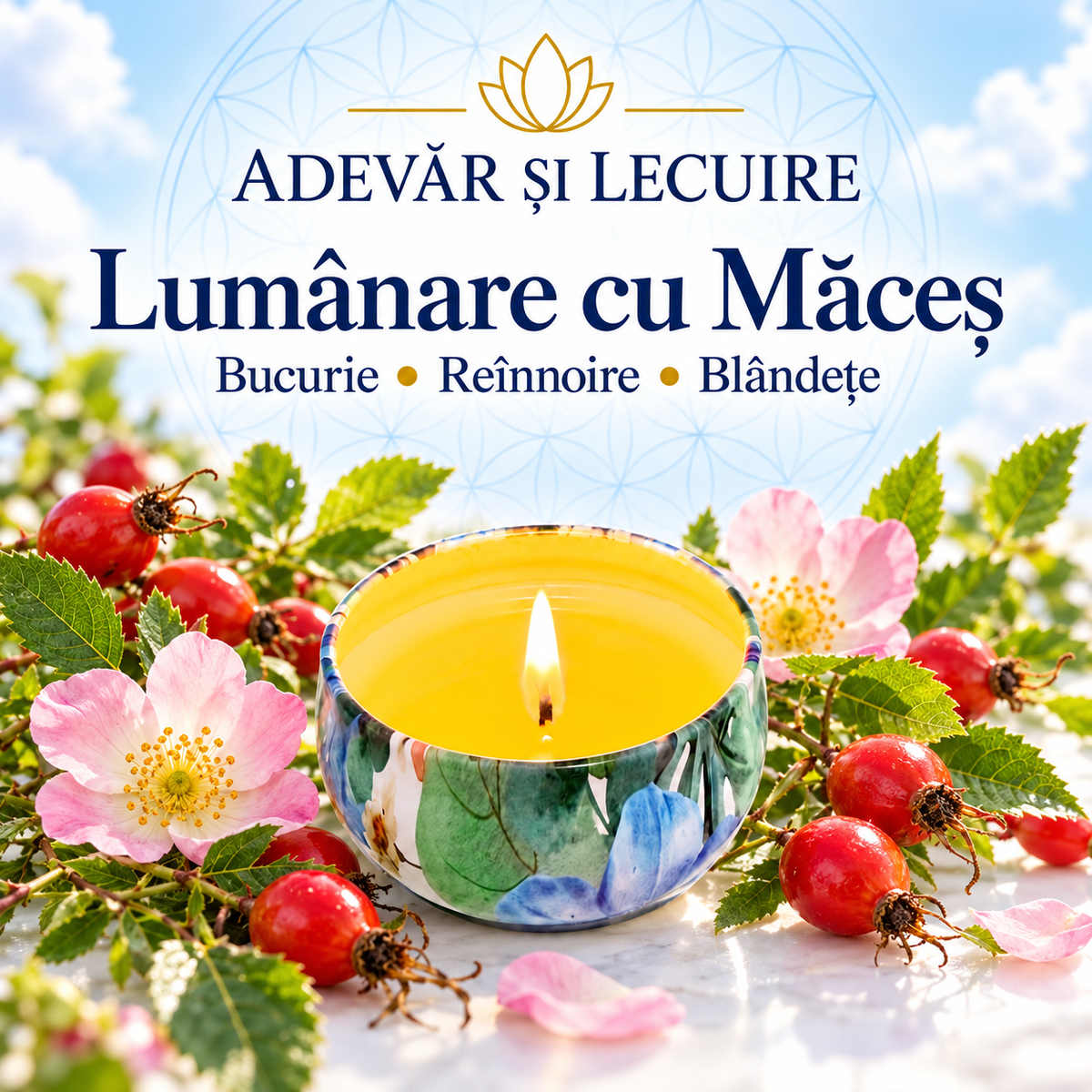 Lumânare cu Măceș – Bucurie • Reînnoire • Blândețe – Adevăr și Lecuire
