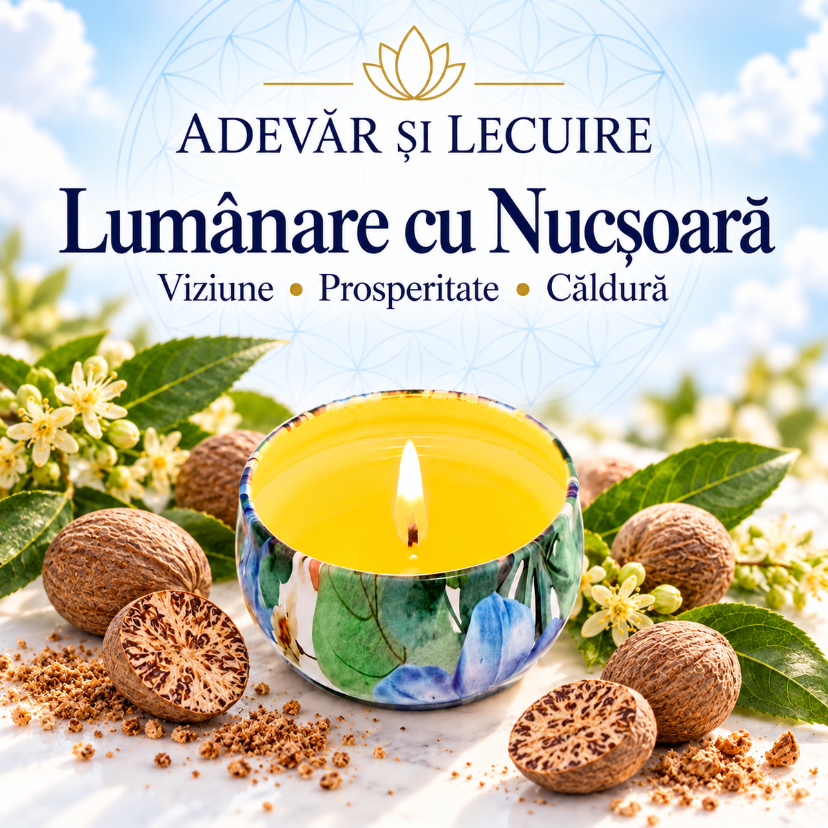 Lumânare cu Nucșoară – Viziune • Prosperitate • Căldură – Adevăr și Lecuire
