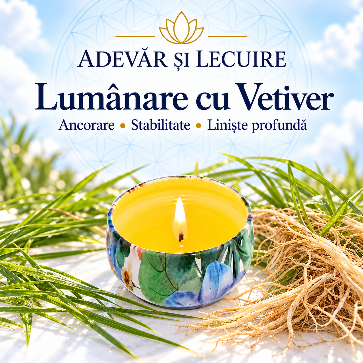 Lumânare cu Vetiver – Ancorare • Stabilitate • Liniște profundă – Adevăr și Lecuire