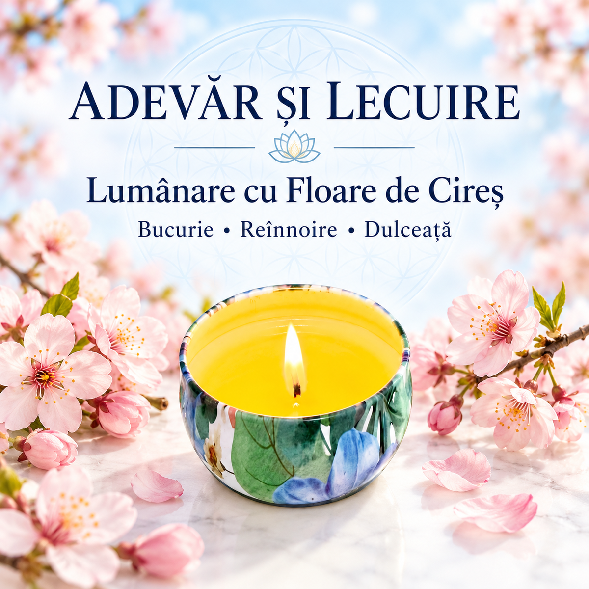 Lumânare cu Floare de Cireș – Bucurie • Reînnoire • Dulceață – Adevăr și Lecuire