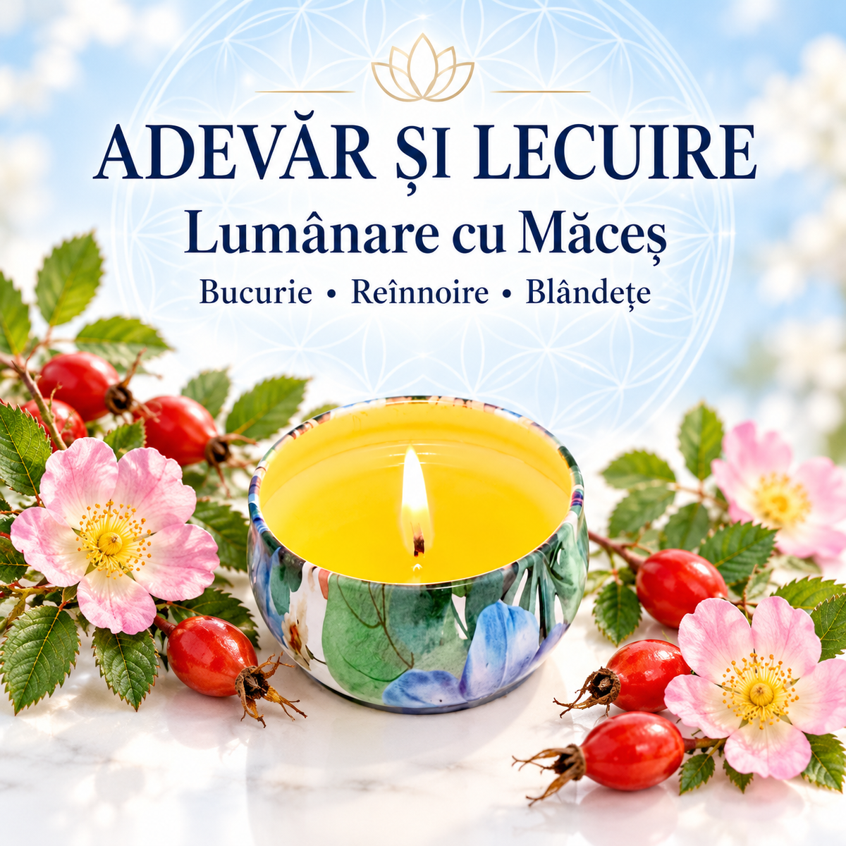 Lumânare cu Măceș – Bucurie • Reînnoire • Blândețe – Adevăr și Lecuire