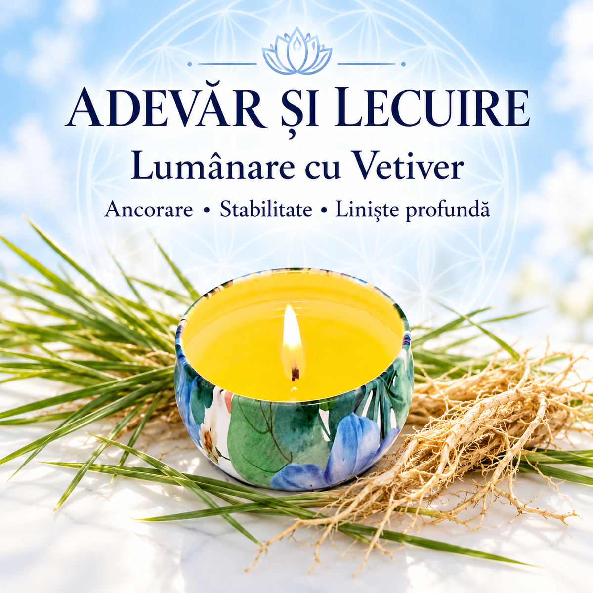 Lumânare cu Vetiver – Ancorare • Stabilitate • Liniște profundă – Adevăr și Lecuire
